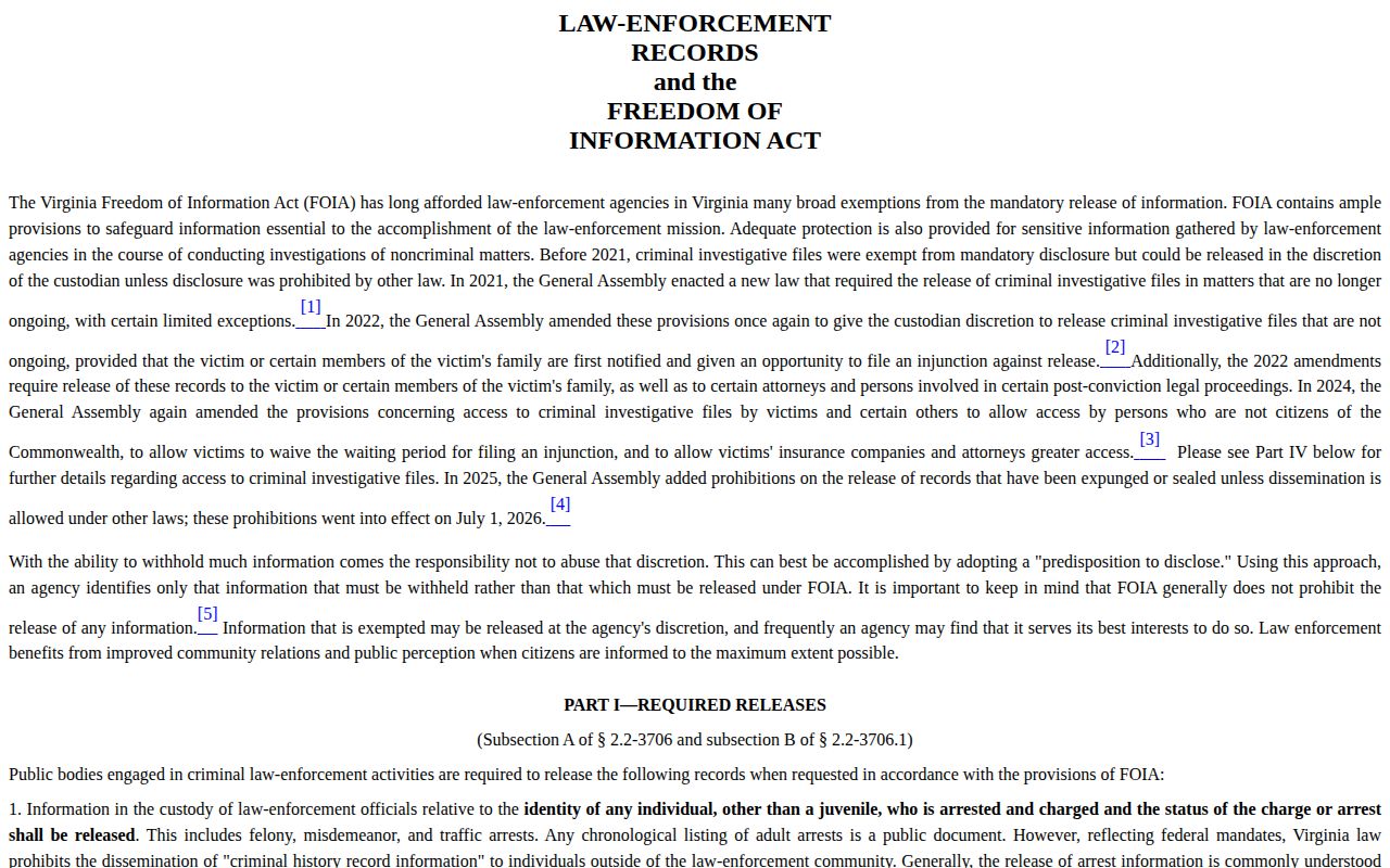 Virginia law-enforcement records reference for Floyd County adult arrest records